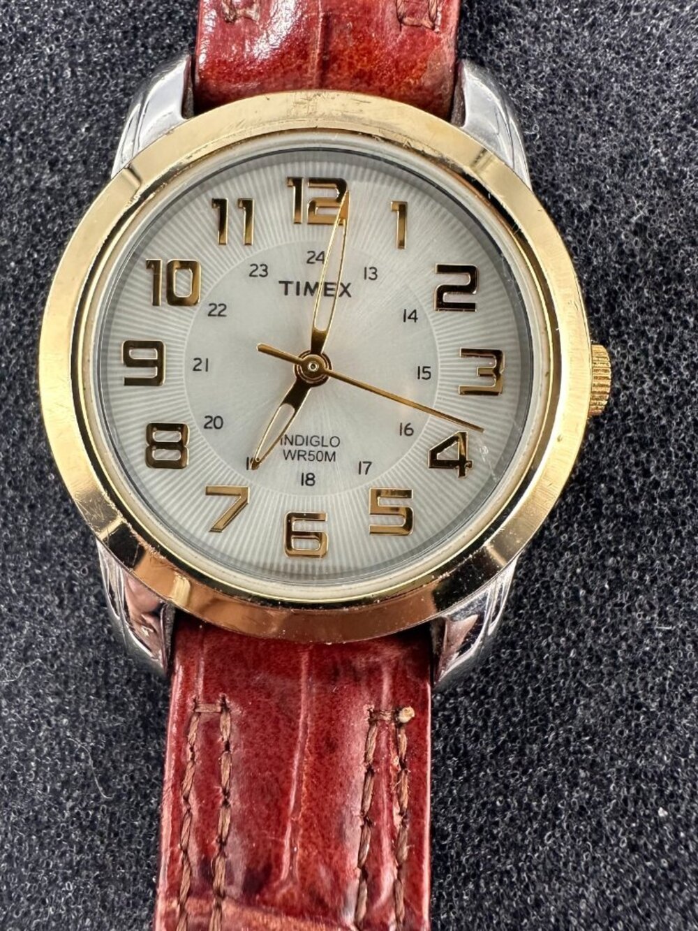 3/$30 Timex Watch Women Gold Tone Indiglo Reddish Brown Leather Band 9"